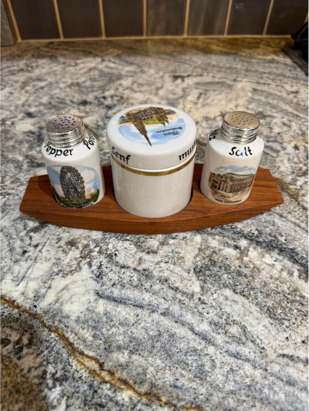Vintage Ceramic Condiment Set with Decorative Wildlife Illustrations on Wooden C